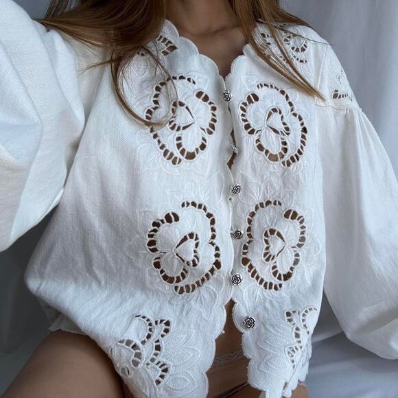Other Tops - White embroidered blouse with bell  bell sleeves and button-up front